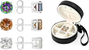 JTV Multi-Color Earrings Set of 3 for Women- Sterling Silver Studs - Stud Set with Jewelry Organizer - Crystal Earring Set of 3 - Platinum Over Sterling Silver Earrings - 7.95 ctw