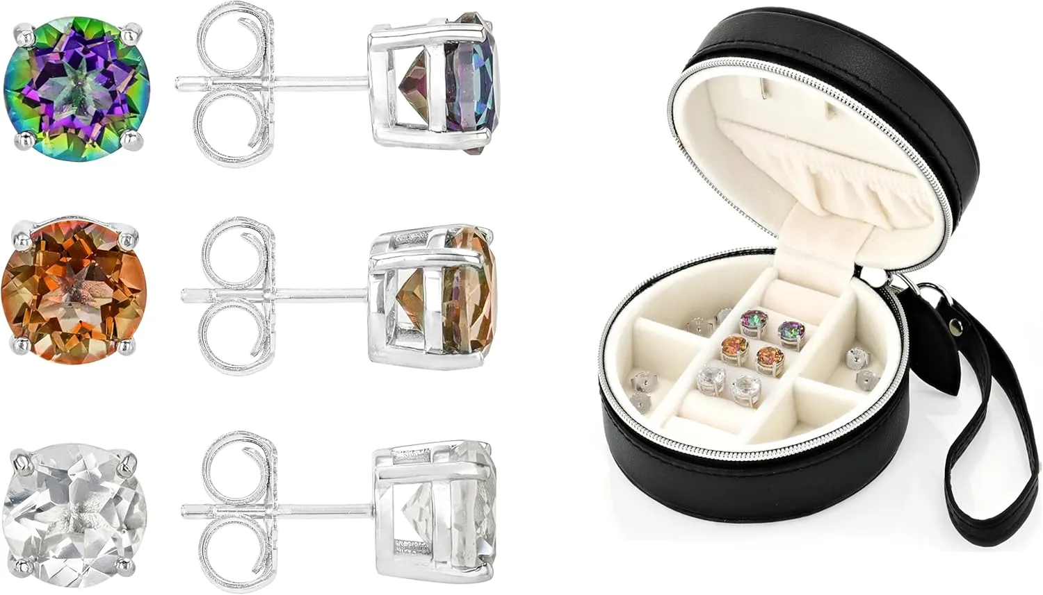 JTV Multi-Color Earrings Set of 3 for Women- Sterling Silver Studs - Stud Set with Jewelry Organizer - Crystal Earring Set of 3 - Platinum Over Sterling Silver Earrings - 7.95 ctw