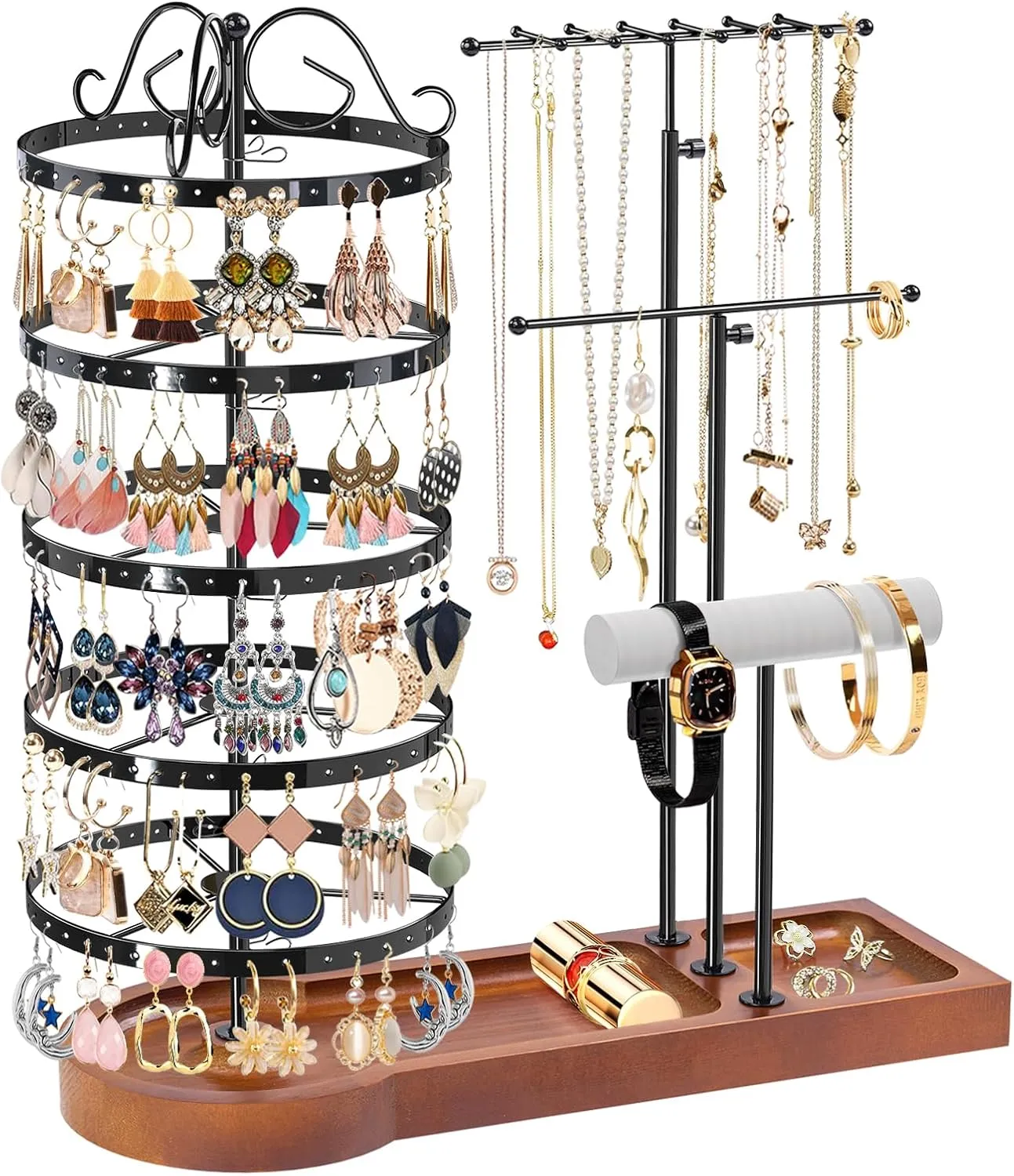 KALYLOC Jewelry Earring Holder Organizer, Adjustable 5 Tiers Rotating Earring Holder 3 Tier Necklace Holder with Wooden Base, Multi-Functional Jewelry Organizer Display Stand for Studs Bracelet Women