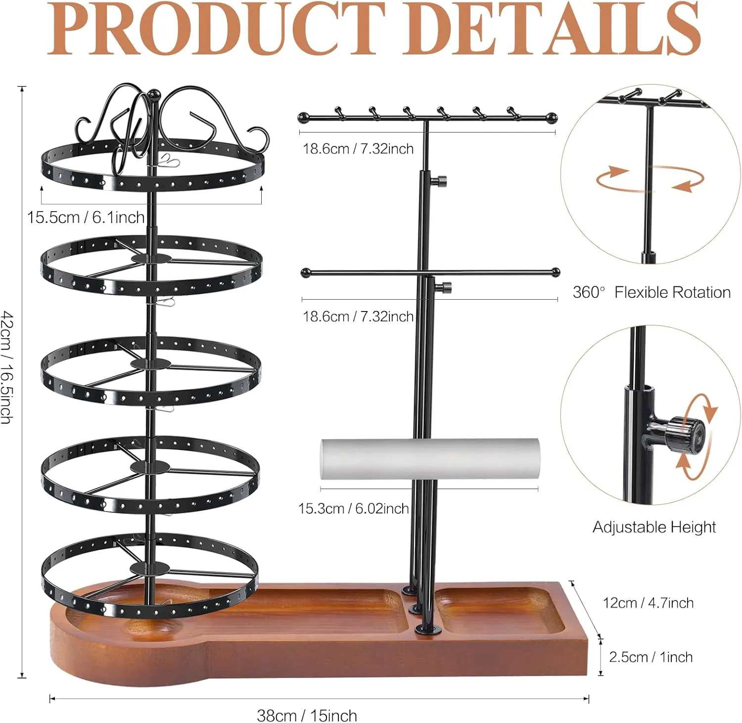 KALYLOC Jewelry Earring Holder Organizer, Adjustable 5 Tiers Rotating Earring Holder 3 Tier Necklace Holder with Wooden Base, Multi-Functional Jewelry Organizer Display Stand for Studs Bracelet Women