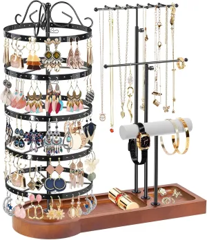 KALYLOC Jewelry Earring Holder Organizer, Adjustable 5 Tiers Rotating Earring Holder 3 Tier Necklace Holder with Wooden Base, Multi-Functional Jewelry Organizer Display Stand for Studs Bracelet Women