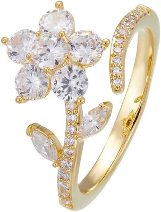 Kokoma Rotating Flower Wrap Finger Ring Spinner Ring for Women Sparkling Crystal CZ Floral Open Statement Ring Fidget Anxiety Ring Eternity Promise Rings Band