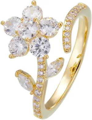 Kokoma Rotating Flower Wrap Finger Ring Spinner Ring for Women Sparkling Crystal CZ Floral Open Statement Ring Fidget Anxiety Ring Eternity Promise Rings Band