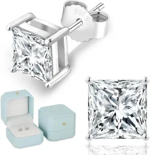 KRKC 0.6-3ct Princess Cut Moissanite Stud Earrings for Women, D Color VVS1 Clarity Lab Created Diamond Solitaire 14K White Gold Hypoallergenic Vermeil S925 Sterling Silver Earrings Women Men