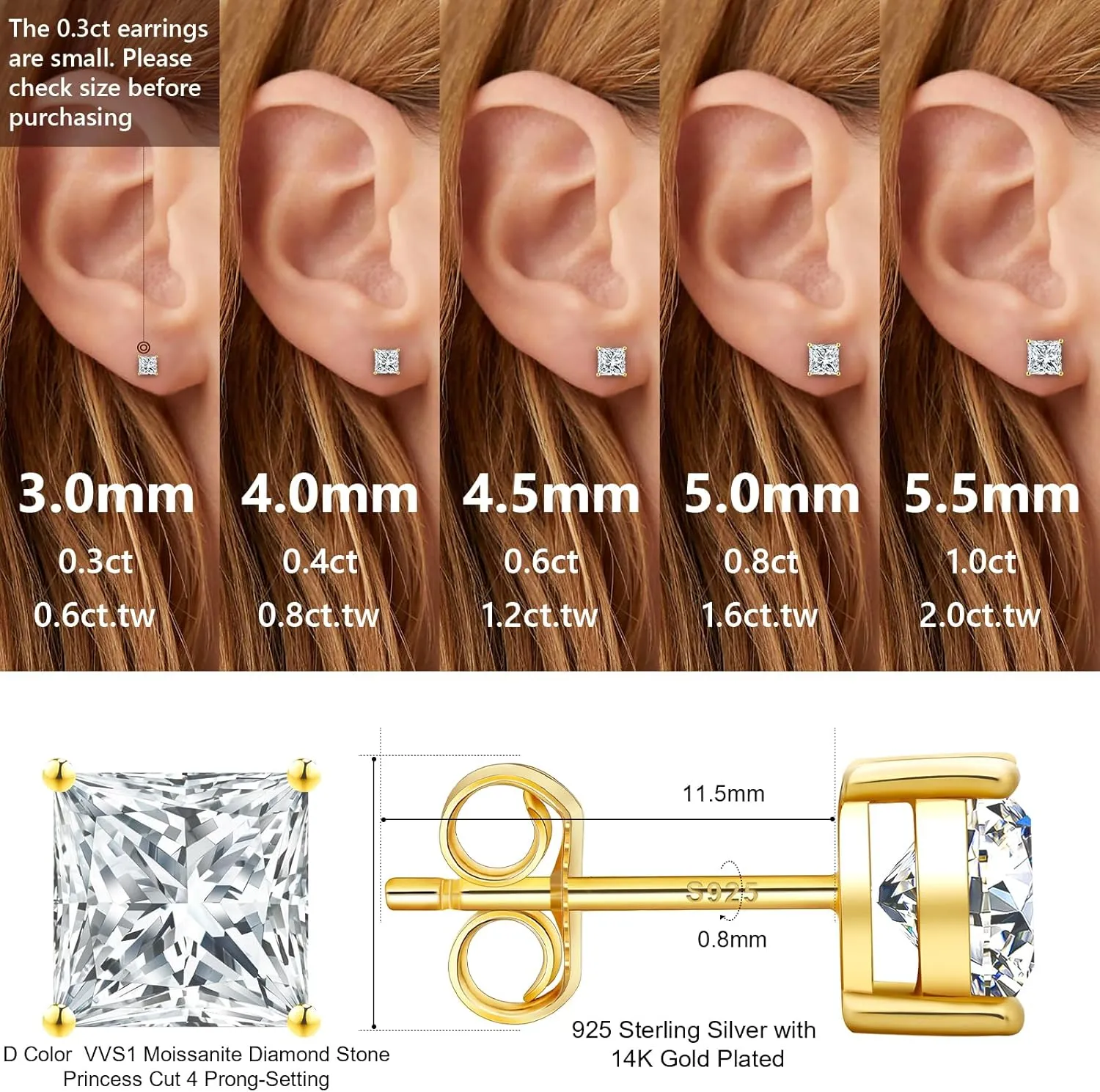 KRKC 0.6-3ct Princess Cut Moissanite Stud Earrings for Women, D Color VVS1 Clarity Lab Created Diamond Solitaire 14K White Gold Hypoallergenic Vermeil S925 Sterling Silver Earrings Women Men