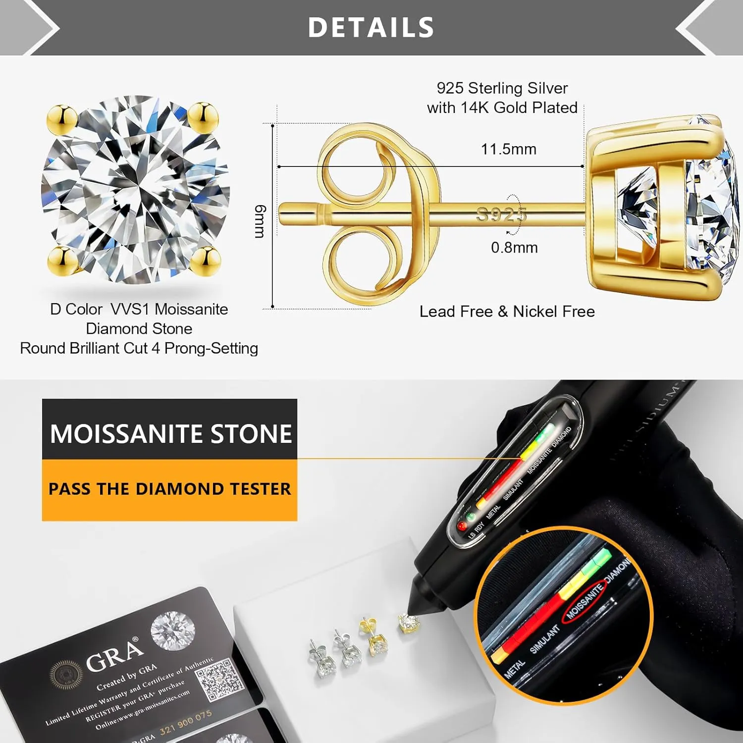 KRKC&CO Moissanite Studs Earrings, Sparkly Earrings, S925 Sterling Silver, 4-Prong, 0.6-3CT, D Color, VVS1, 14K White Jewelry Gift for Women