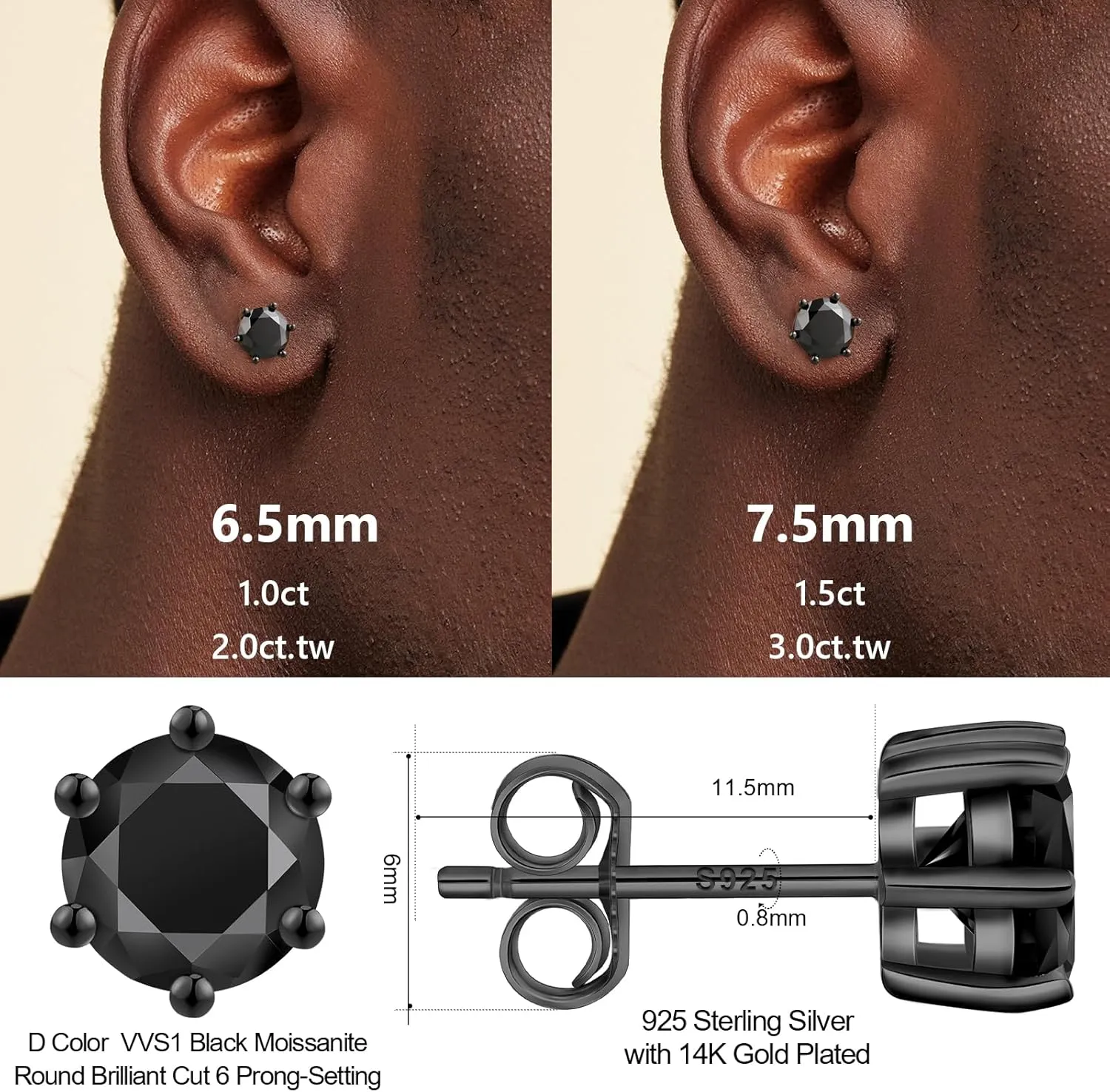 KRKC&CO Moissanite Studs Earrings, Sparkly Lab Created Earrings, S925 Sterling Silver, 6-Prong, 0.6-3CT, D Color, VVS1, 14K White Jewelry Gifts for Women