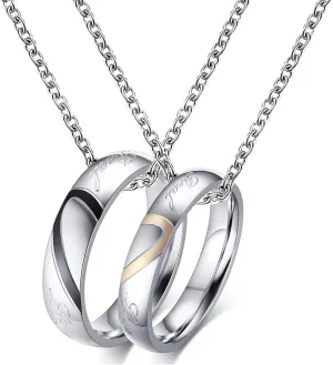 KunBead Heart Ring Necklace Matching Couple Necklaces Puzzle for Him and Her sets for 2-Stainless Steel Jewelry for Women Men