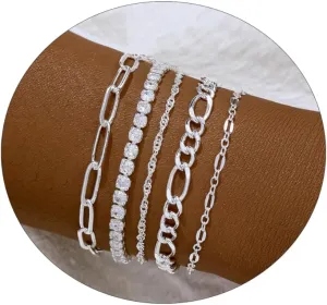 Kyerlyn Silver Bracelets for Women Trendy Waterproof Silver Dainty Bracelet Stack Adjustable Layered Bracelet Set Minimalist Fashion Jewelry