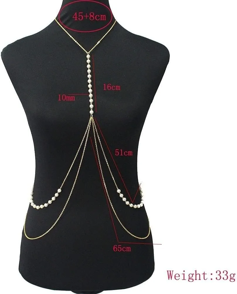 Ladies Belt,Women Belt Womens Belly Body Costume Jewelry, Women Body Chain Sexy Gold Color Beach Back Body Waist Chain Imitation Pearls Back Bib Necklace& Pendants (Color : Gold) ( Color : Gold )