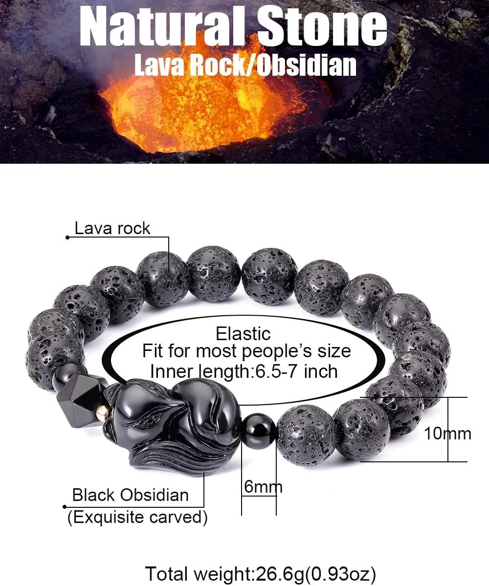 Lava Rock Howlite Obsidian Fox Bracelet for Women Men Lucky Gifts Essential Oil Diffuse Yoga Meditation Elastic Friendship Bracelets
