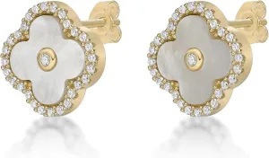 Lavari Jewelers Four Petal Halo Flower Stud Earrings for Women - Black Onyx Mother of Pearl Malachite Cubic Zirconia in 925 Sterling Silver - Hypoallergenic Gold Plated - 11 MM Push Back Studs for Her