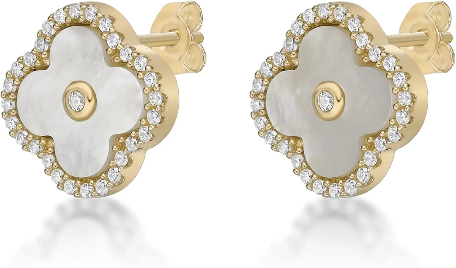 Lavari Jewelers Four Petal Halo Flower Stud Earrings for Women - Black Onyx Mother of Pearl Malachite Cubic Zirconia in 925 Sterling Silver - Hypoallergenic Gold Plated - 11 MM Push Back Studs for Her