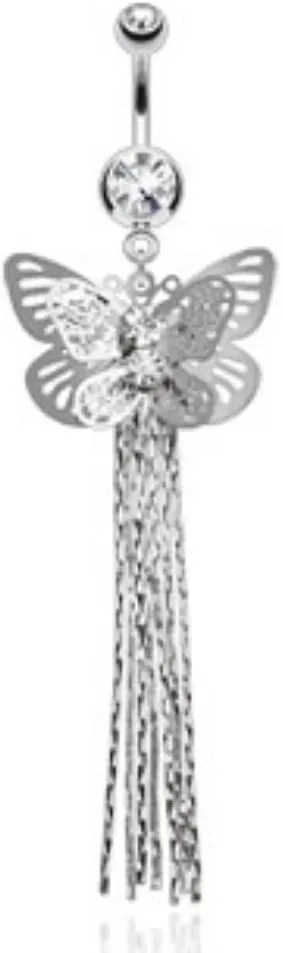 Layered Butterfly with Gems and Chains Dangle WildKlass Navel Ring 316L Surgical Steel (Sold by Piece)