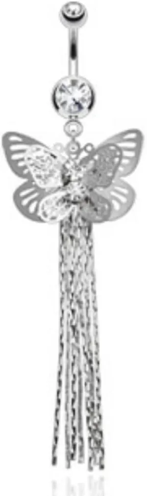 Layered Butterfly with Gems and Chains Dangle WildKlass Navel Ring 316L Surgical Steel (Sold by Piece)