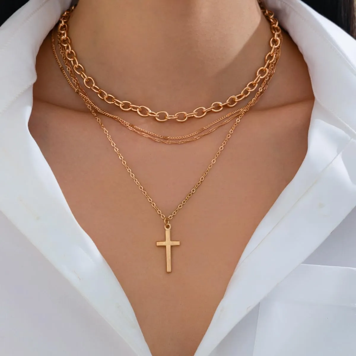 Layered Choker Gold Cross Necklace for Women Trendy,14k Gold Plated Chunky Stackable Chain Cross Pendant Necklaces Jewelry Accessories