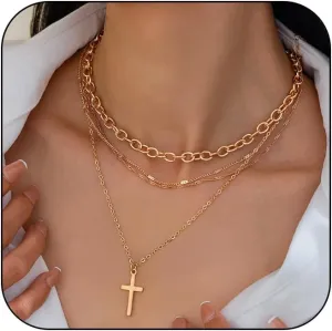 Layered Choker Gold Cross Necklace for Women Trendy,14k Gold Plated Chunky Stackable Chain Cross Pendant Necklaces Jewelry Accessories