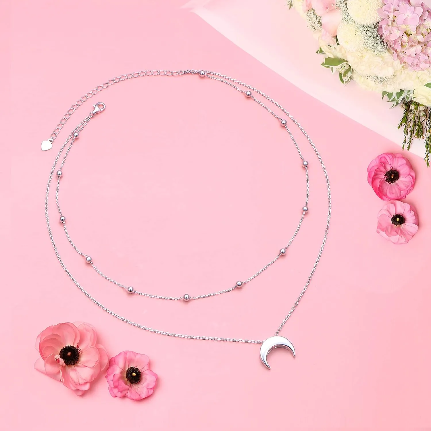 Layered Choker Necklace S925 Sterling Silver Star Full Moon Daisy Flower Pendant Disc Jewelry Adjustable Clavicle Necklaces for Women Girls Birthday Gifts