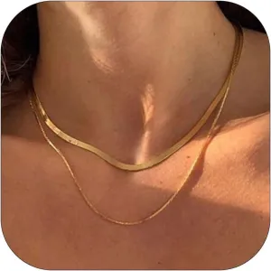 Layered Necklaces for Women Trendy 14k Gold Necklace Stack Chunky Herringbone Paperclip Chain Charm Necklace Gold Jewelry Country Concert Outfits for Women
