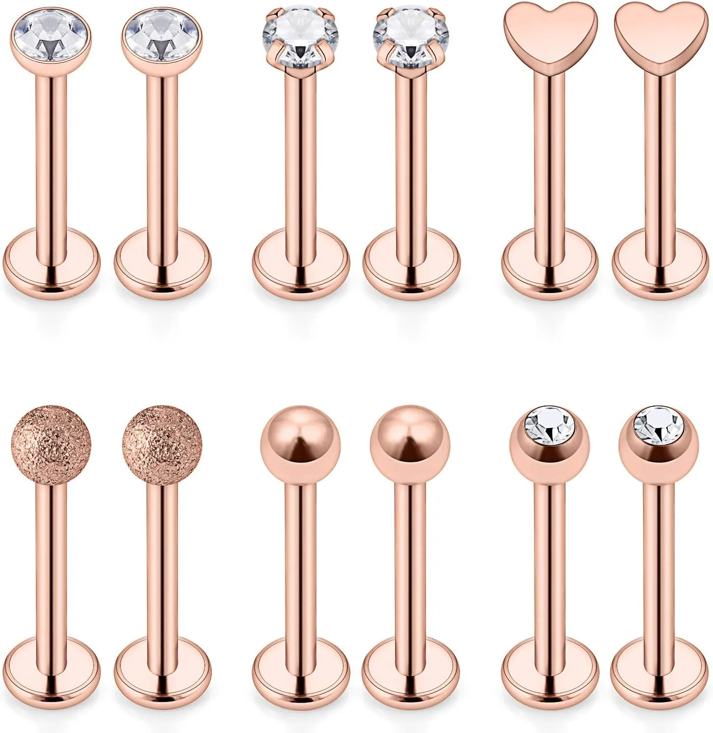 Lcolyoli Lip Ring 16G 316L Stainless Steel Labret Monroe Barbell 3mm Round CZ Gem Heart Cartilage Helix Tragus Nose Stud Piercing Jewelry 12PCS
