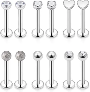 Lcolyoli Lip Ring 16G 316L Stainless Steel Labret Monroe Barbell 3mm Round CZ Gem Heart Cartilage Helix Tragus Nose Stud Piercing Jewelry 12PCS