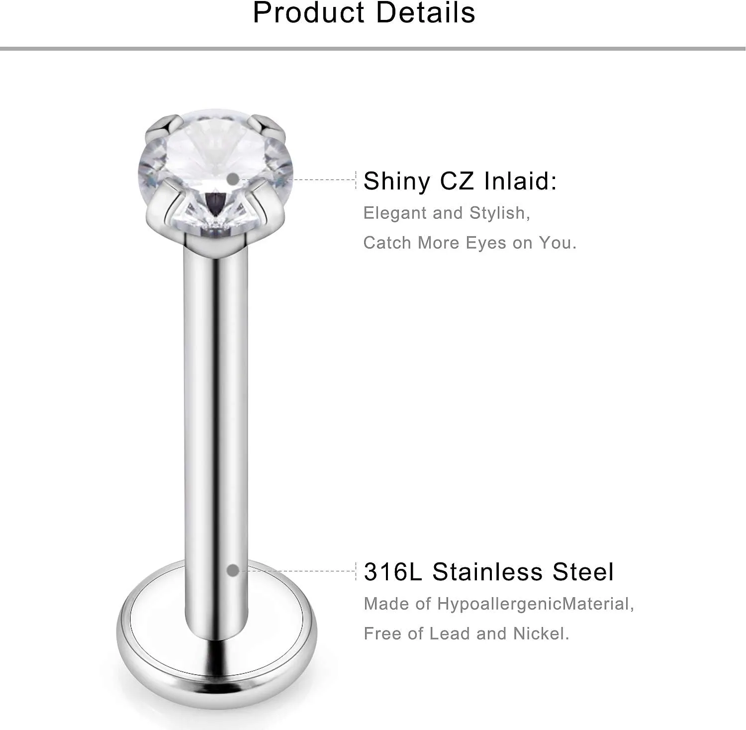 Lcolyoli Lip Ring 16G 316L Stainless Steel Labret Monroe Barbell 3mm Round CZ Gem Heart Cartilage Helix Tragus Nose Stud Piercing Jewelry 12PCS