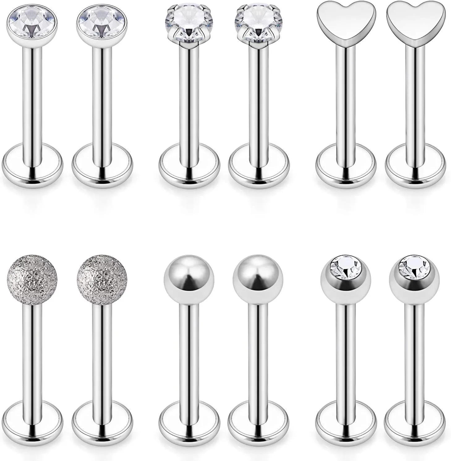 Lcolyoli Lip Ring 16G 316L Stainless Steel Labret Monroe Barbell 3mm Round CZ Gem Heart Cartilage Helix Tragus Nose Stud Piercing Jewelry 12PCS