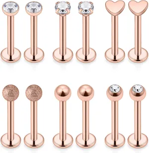 Lcolyoli Lip Ring 16G 316L Stainless Steel Labret Monroe Barbell 3mm Round CZ Gem Heart Cartilage Helix Tragus Nose Stud Piercing Jewelry 12PCS