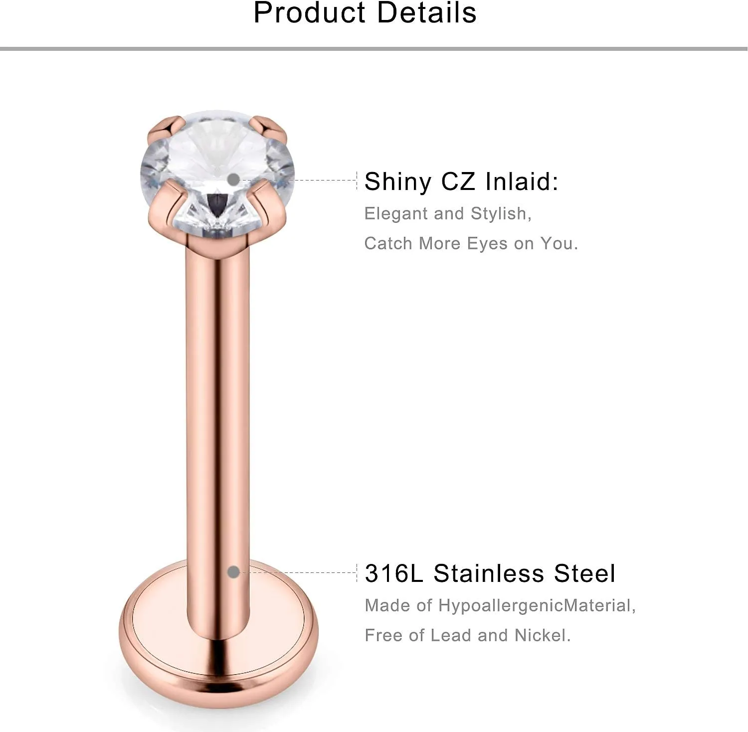 Lcolyoli Lip Ring 16G 316L Stainless Steel Labret Monroe Barbell 3mm Round CZ Gem Heart Cartilage Helix Tragus Nose Stud Piercing Jewelry 12PCS