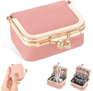 Leather Mini Jewelry Box, Mini Travel Jewelry Case with Kiss Lock, Portable Vintage-inspired Pink Jewellery Organizer, Kiss Lock Coin Purse Jewellery Case for Women Earring/Ring/Necklace/Bracelet Gift