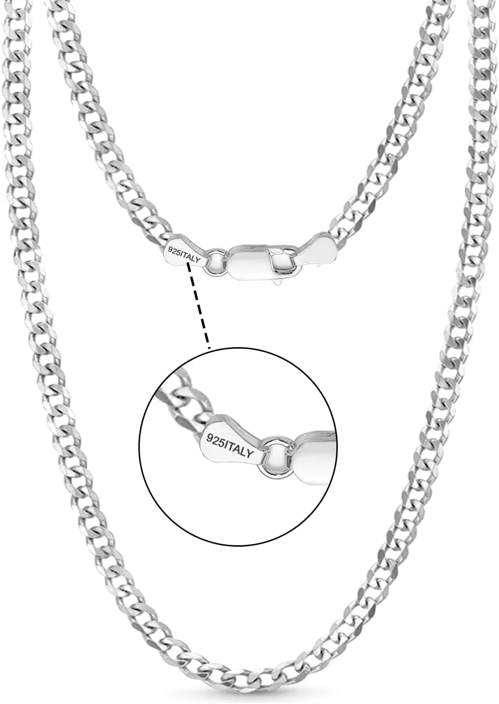LeCalla Italian Solid 925 Sterling Silver 3.8mm Diamond-Cut Cuban Link Curb Chain Necklace for Women Men(16, 18, 20, 22, 24 Inches), Made in Italy