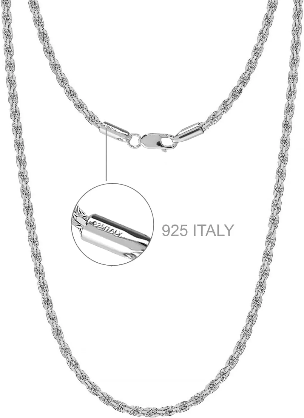 LeCalla Solid 925 Sterling Silver Italian 2 MM, 3 MM Diamond-Cut Braided Rope Chain Necklace for Men Women with Lobster Claw Clasp, Made in Italy (18, 20, 22, 24, 26 Inches)