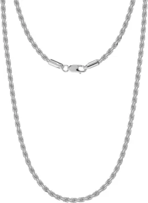 LeCalla Solid 925 Sterling Silver Italian 2 MM, 3 MM Diamond-Cut Braided Rope Chain Necklace for Men Women with Lobster Claw Clasp, Made in Italy (18, 20, 22, 24, 26 Inches)