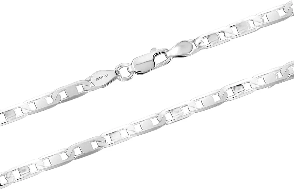 LeCalla Solid 925 Sterling Silver Italian 3 MM, 4 MM Diamond-Cut Solid Flat Mariner Link Chain Necklace for Women Men with Lobster Clasp, Made in Italy (16, 18, 20, 22, 24 Inches)