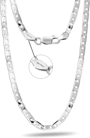 LeCalla Solid 925 Sterling Silver Italian 3 MM, 4 MM Diamond-Cut Solid Flat Mariner Link Chain Necklace for Women Men with Lobster Clasp, Made in Italy (16, 18, 20, 22, 24 Inches)