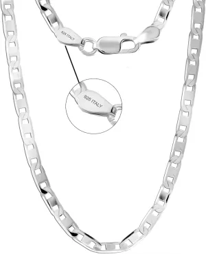 LeCalla Solid 925 Sterling Silver Italian 3 MM, 4 MM Diamond-Cut Solid Flat Mariner Link Chain Necklace for Women Men with Lobster Clasp, Made in Italy (16, 18, 20, 22, 24 Inches)
