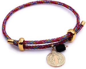 LESLIE BOULES 18K Gold Plated Saint Benedict Colored String Bracelet Charm Genuine Azabache Stone
