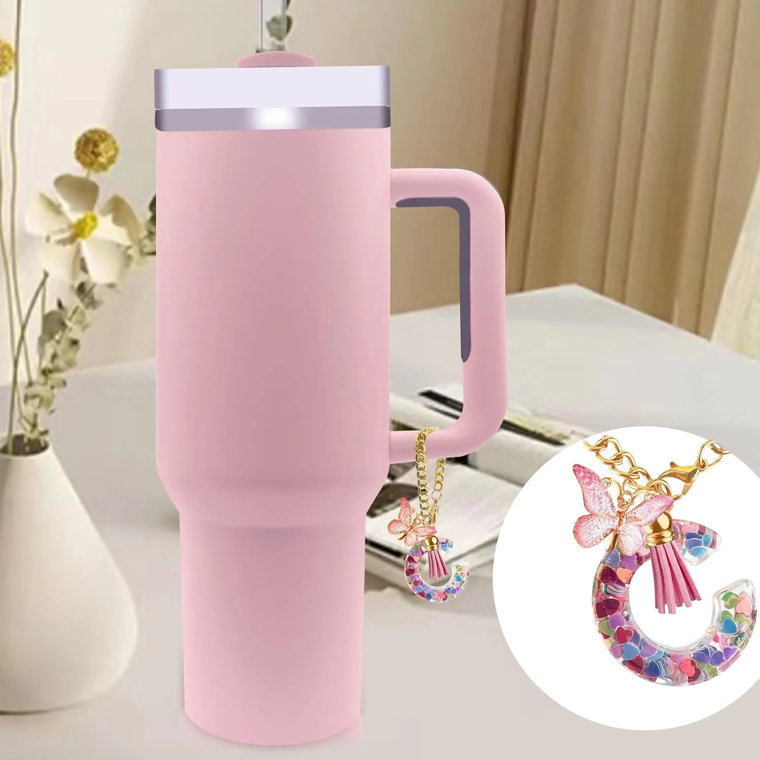 Letter Charm Accessories for Stanley Cup with Handle, Cute Initial Letter C Keychain Handle Charm with Butterfly for Stanley Tumbler for Women Girls