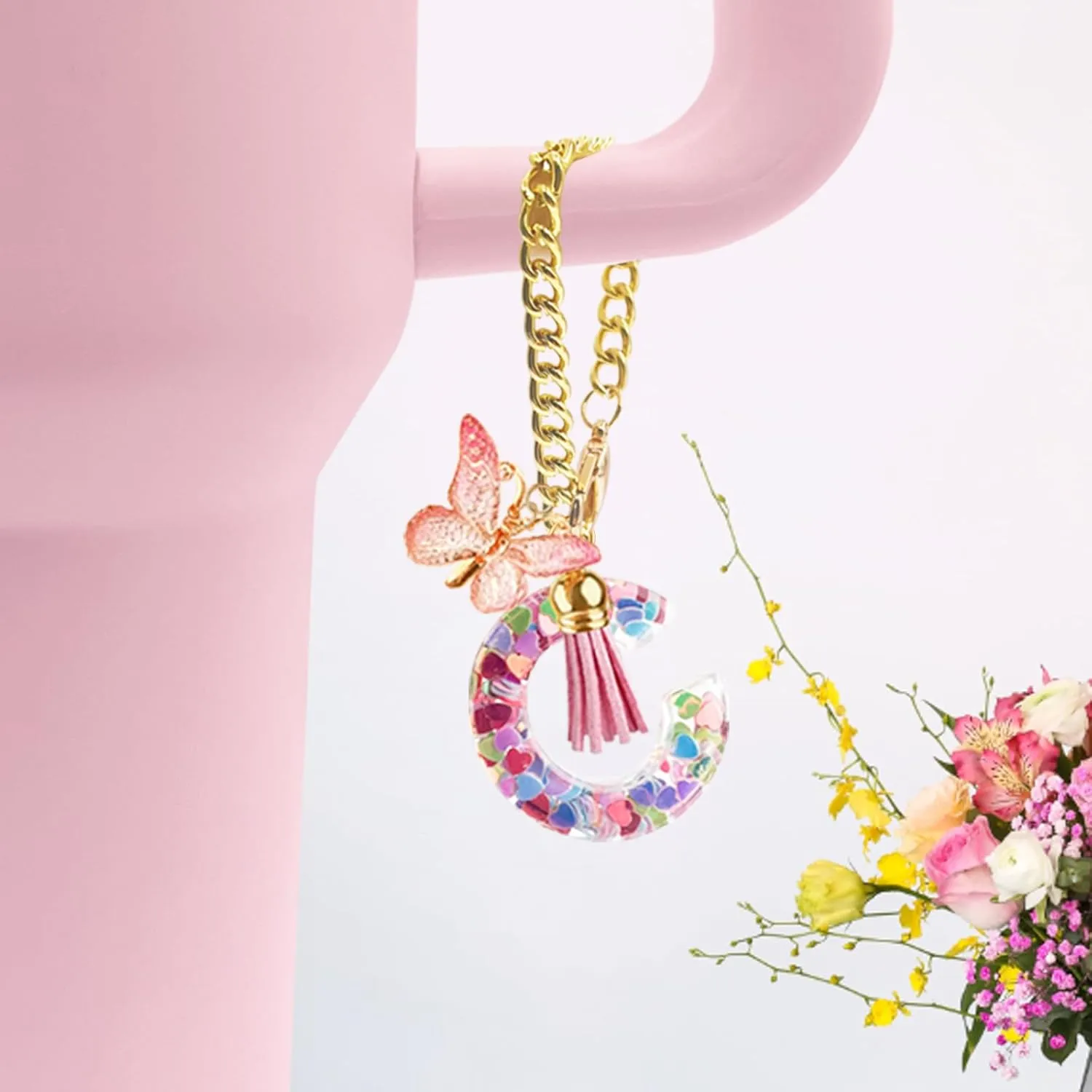 Letter Charm Accessories for Stanley Cup with Handle, Cute Initial Letter C Keychain Handle Charm with Butterfly for Stanley Tumbler for Women Girls