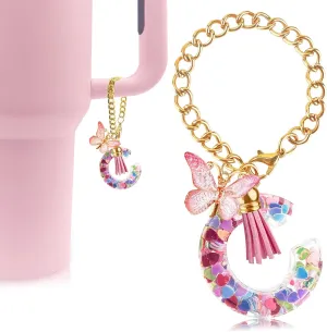 Letter Charm Accessories for Stanley Cup with Handle, Cute Initial Letter C Keychain Handle Charm with Butterfly for Stanley Tumbler for Women Girls