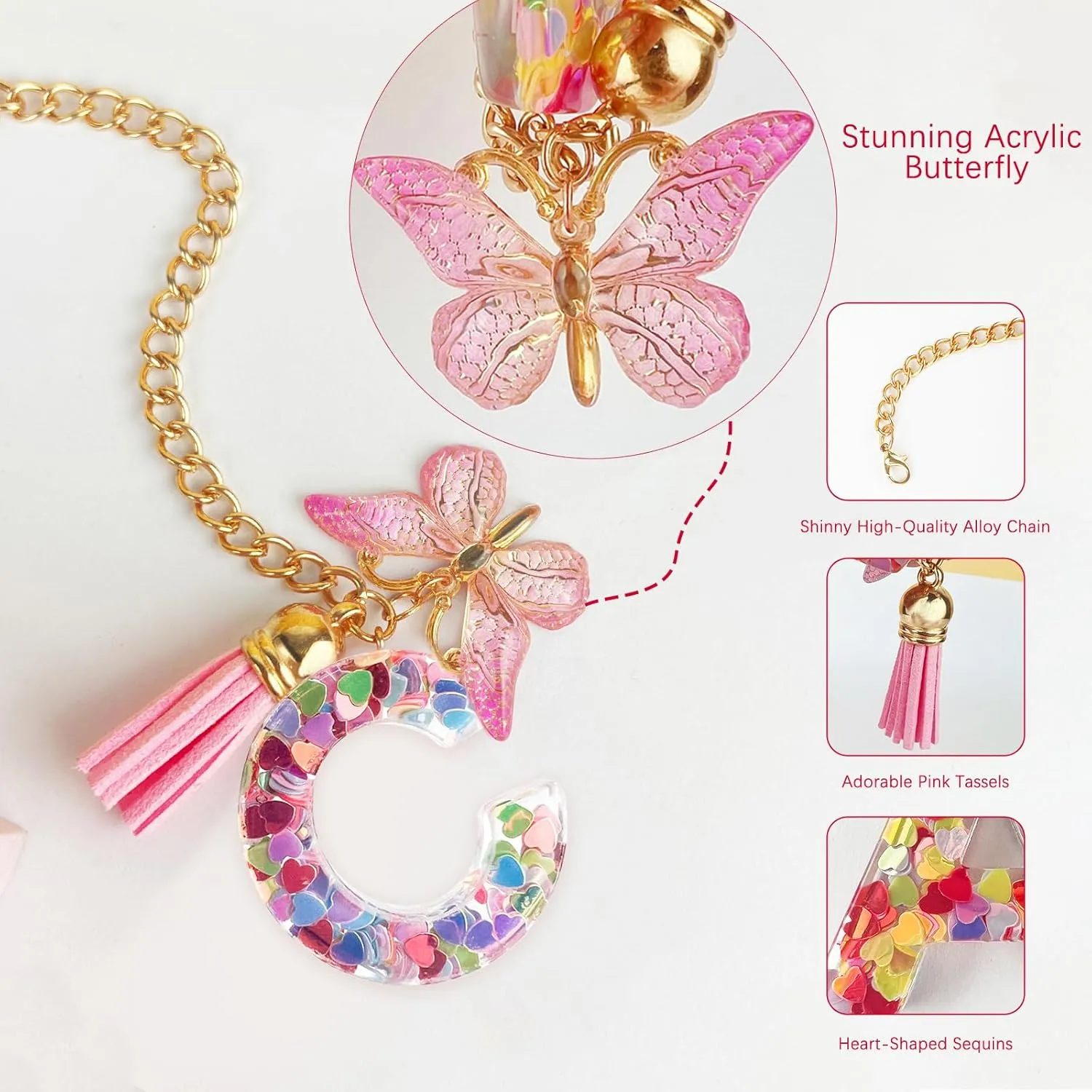 Letter Charm Accessories for Stanley Cup with Handle, Cute Initial Letter C Keychain Handle Charm with Butterfly for Stanley Tumbler for Women Girls