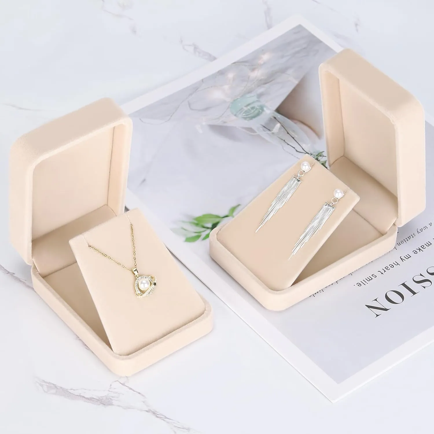 LETURE 2 Pieces Velvet Jewelry Gift Boxes for Necklace Pendant Earring Bracelet, Small Jewelry Storage Display Case for Christmas Wedding Engagement Birthday Anniversary (Apricot)