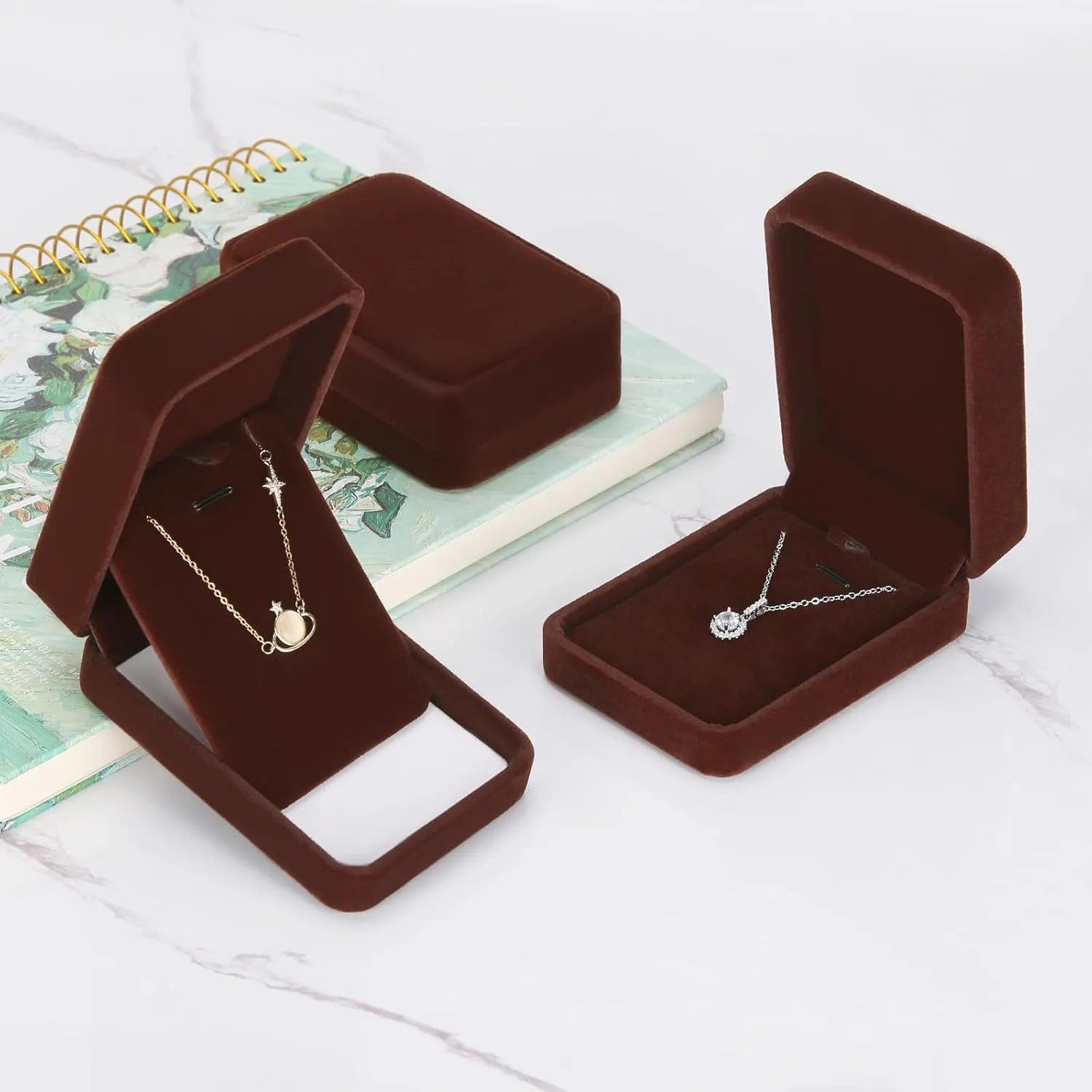 LETURE 3 Pieces Velvet Pendant Necklace Gift Boxes Set, Classic Jewelry Packaging Storage Case, Jewellry Display Box for Wedding, Engagement, Proposal, Birthday and Anniversary (Coffee-3pcs)