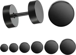 LIEBLICH Black Stud Earrings Men Women Faux Gauges Ear Tunnel Stainless Steel Earrings 6 Pairs 5mm-10mm