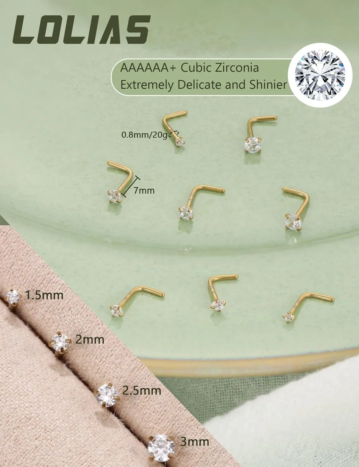LOLIAS 14K Gold Filled Nose Studs 316L Surgical Steel Gold Nose Rings Studs 6A CZ Simulated Diamond Corkscrew L Shaped Nose Piercing Hypoallergenic Nose Rings for Women Men 20G