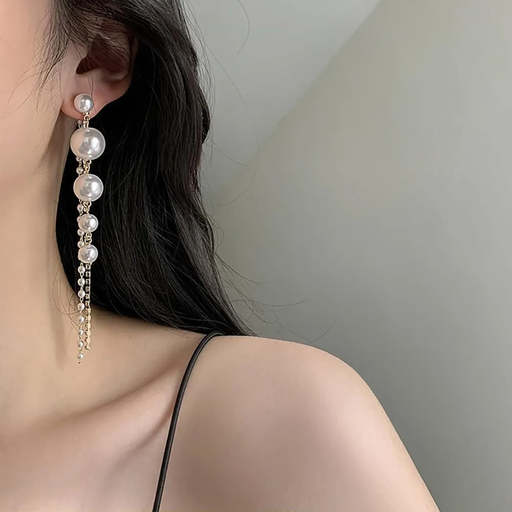 Long Pearl Zircon Tassel Dangle Earrings for Women,Glitter Rhinestone Crystal Multichain Tassel Drop Earring Vintage Prom Party Jewelry Gifts