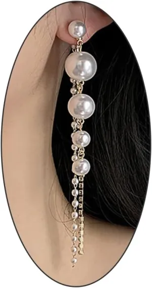 Long Pearl Zircon Tassel Dangle Earrings for Women,Glitter Rhinestone Crystal Multichain Tassel Drop Earring Vintage Prom Party Jewelry Gifts