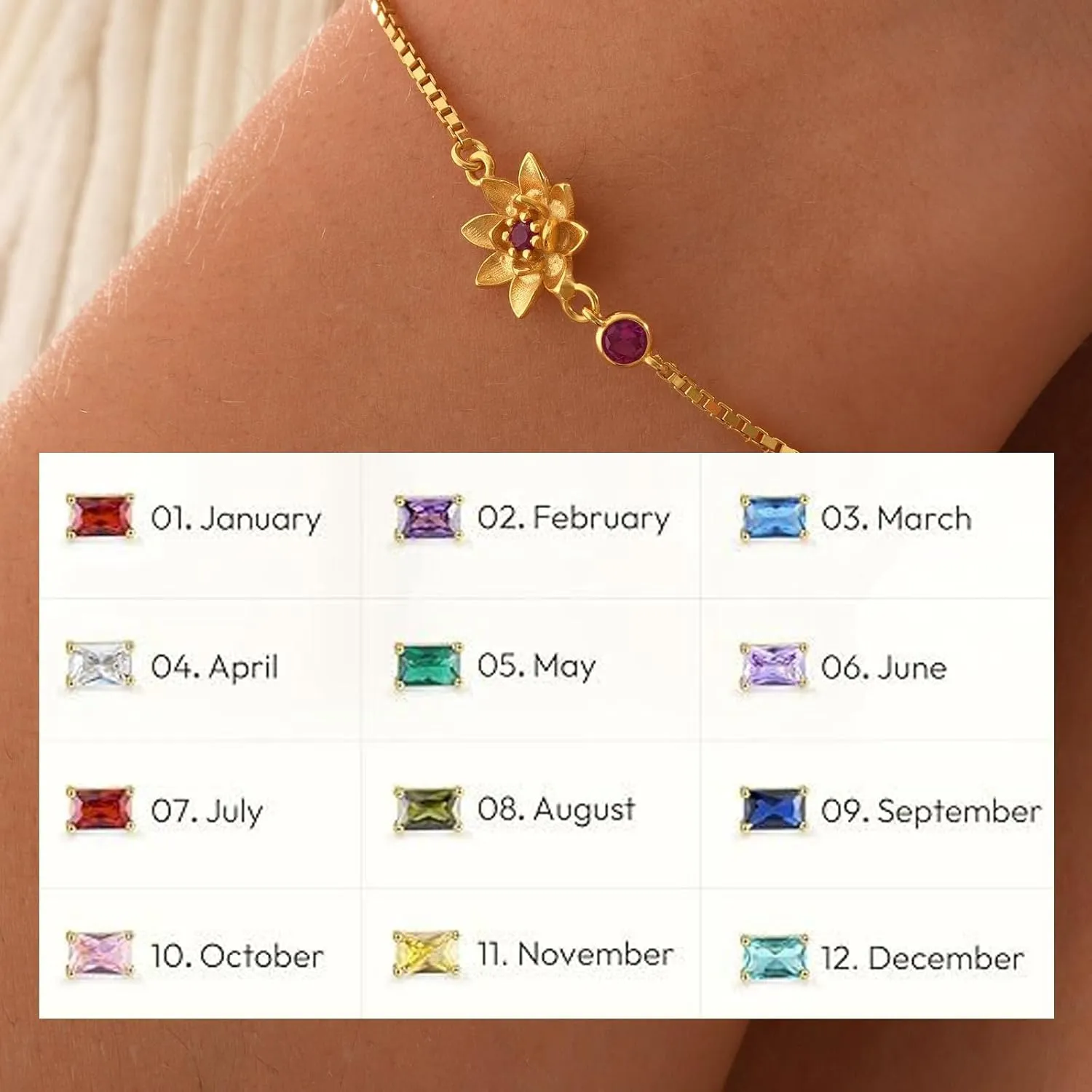 Long tiantian Birthstone Bracelets for women Birthstone Jewelry Gold Birth Flower Bracelet Birthstones By Months, Bracelet for 18th 21st 30th 40th 50th 60th 70th Birthday Jewelry Gifts