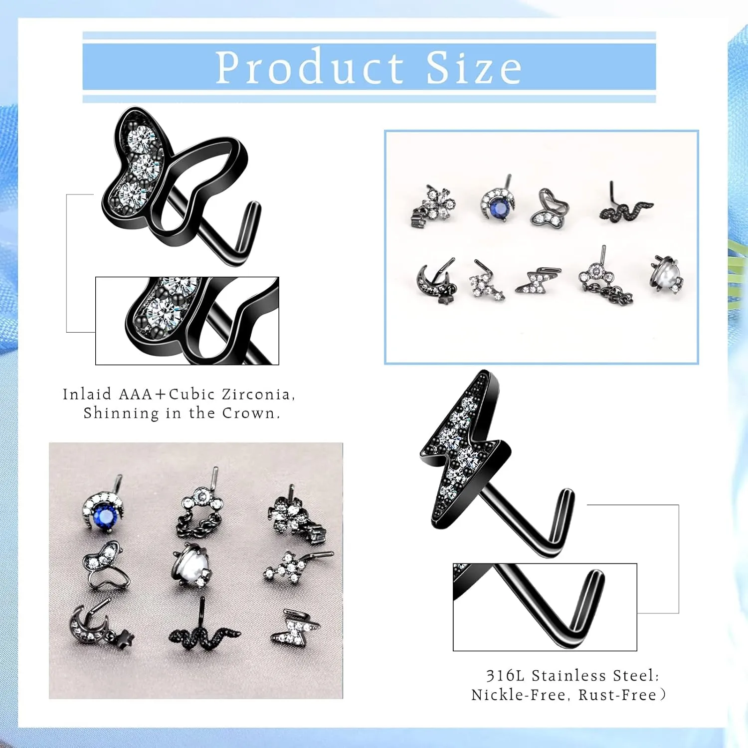 Longbeauty 9Pcs 20G Nose Rings Studs for Women Stainless Steel L-Shaped Nose Studs Butterfly Flower Moon Snake Lightning CZ Nose Piercing Jewelry