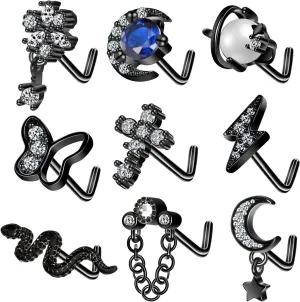 Longbeauty 9Pcs 20G Nose Rings Studs for Women Stainless Steel L-Shaped Nose Studs Butterfly Flower Moon Snake Lightning CZ Nose Piercing Jewelry